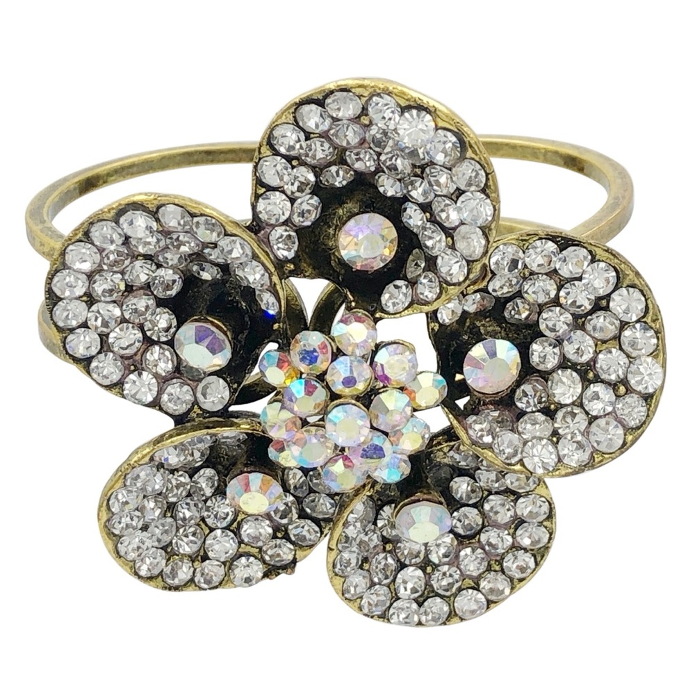 Large Burnished Gold Rhinestone Daisy Flower Hinged Bangle Bracelet